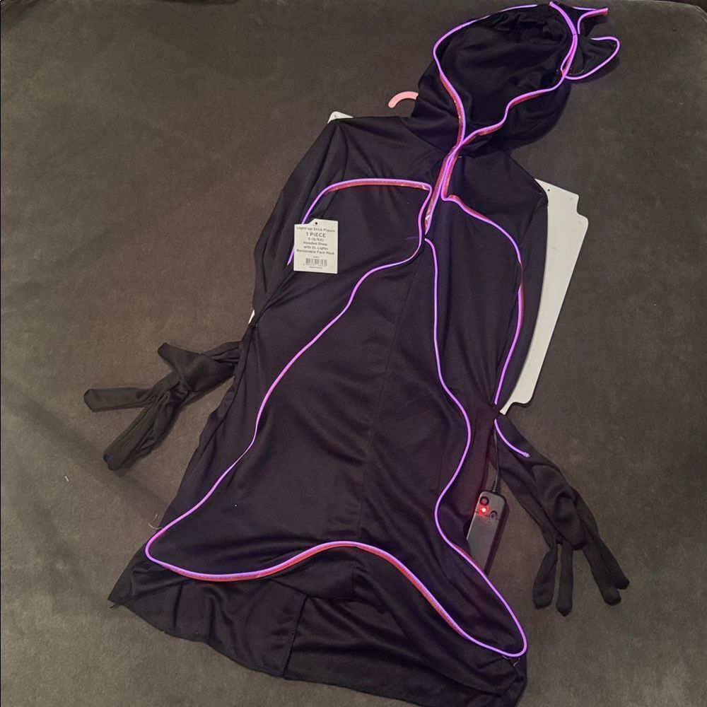 Girls Light Up Stick Figure Black Hooded Dress Pink Halloween S 6/6X NEW
